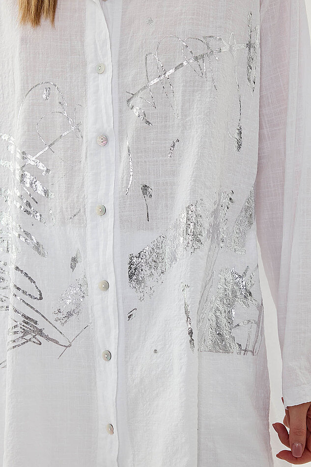 Oversize Baskılı Keten Gömlek - 14