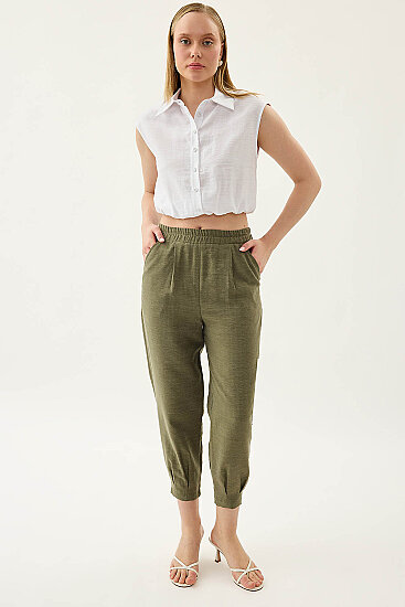 Paçası Pileli Beli Lastikli Pantolon - 3