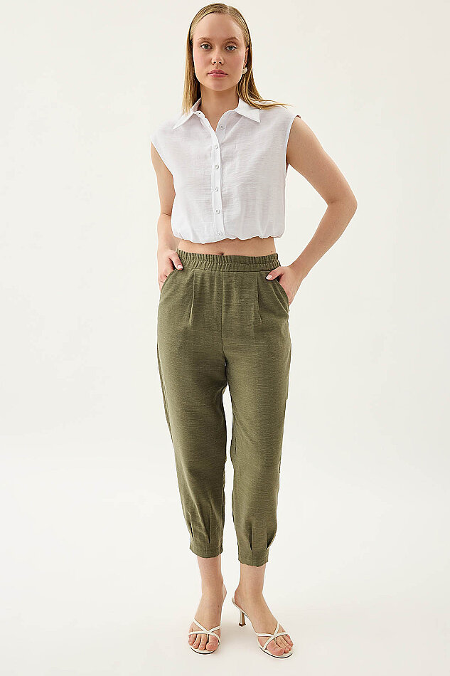 Paçası Pileli Beli Lastikli Pantolon - 3