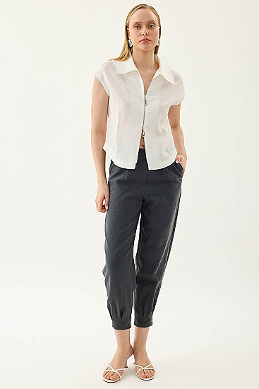 Paçası Pileli Beli Lastikli Pantolon - 6