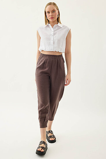 Paçası Pileli Beli Lastikli Pantolon - 12