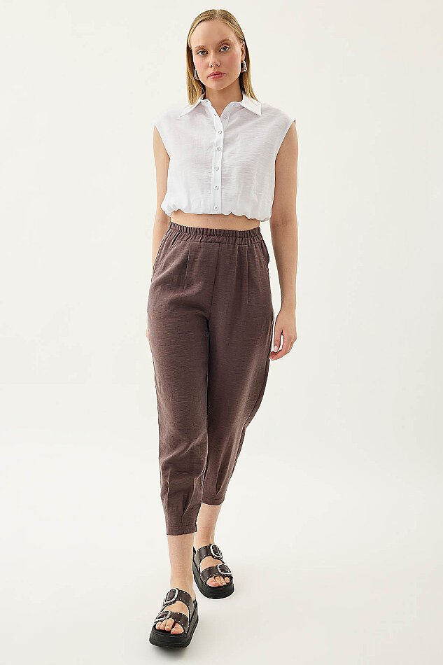 Paçası Pileli Beli Lastikli Pantolon - 12