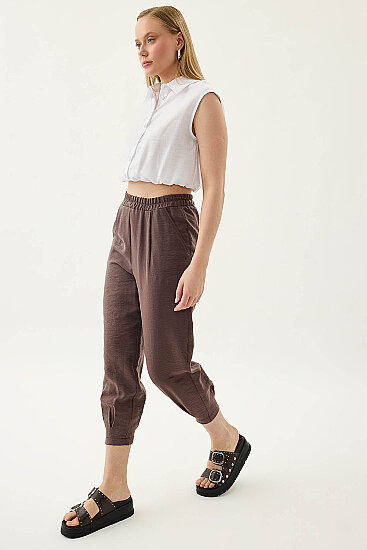 Paçası Pileli Beli Lastikli Pantolon - 13