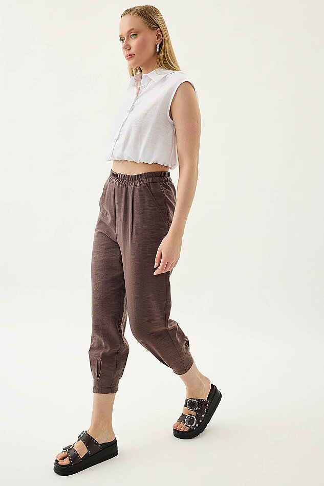 Paçası Pileli Beli Lastikli Pantolon - 13