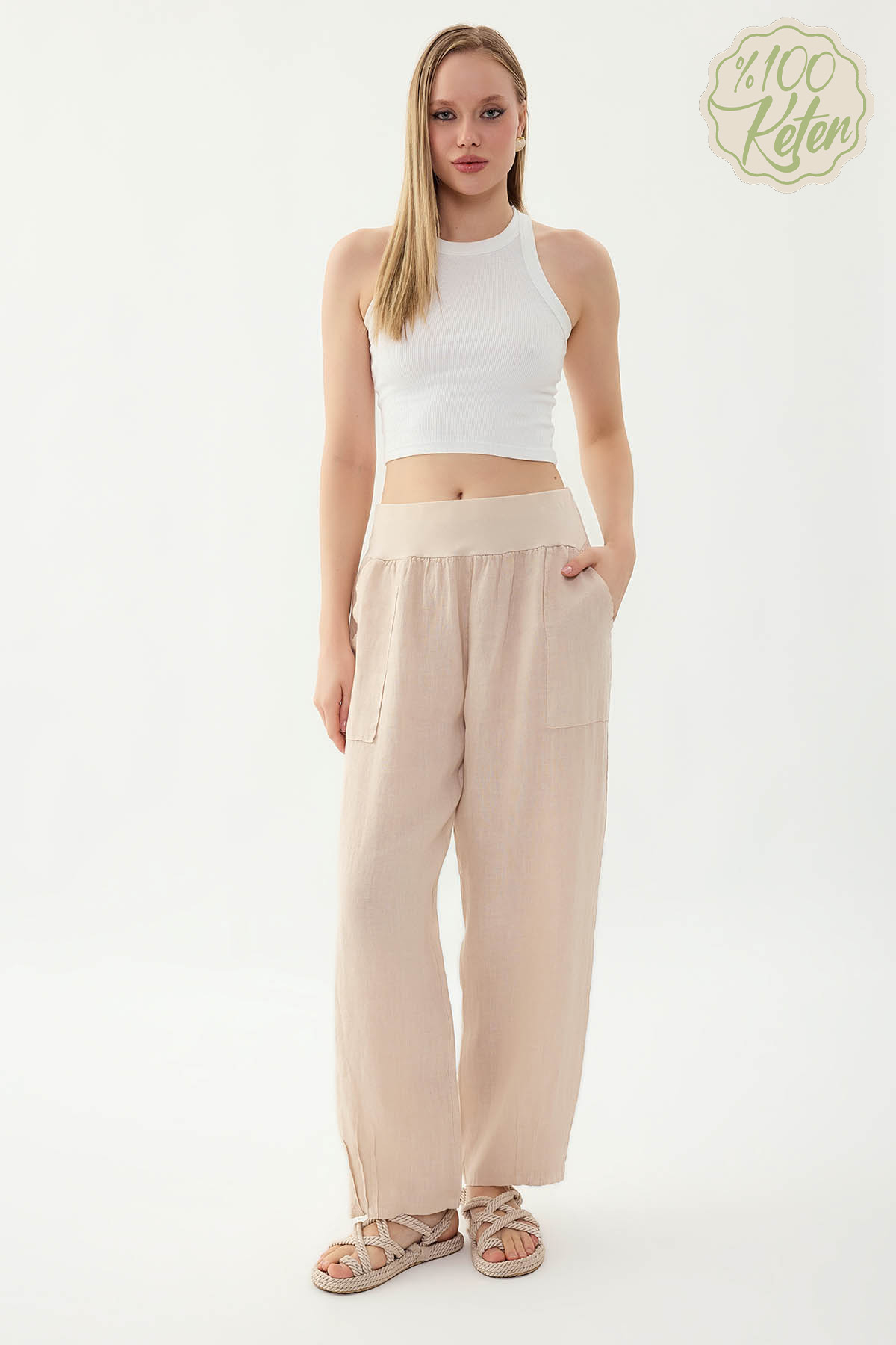 %100 Keten Paçası Pileli Cepli Pantolon - Thumbnail