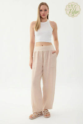 %100 Keten Paçası Pileli Cepli Pantolon