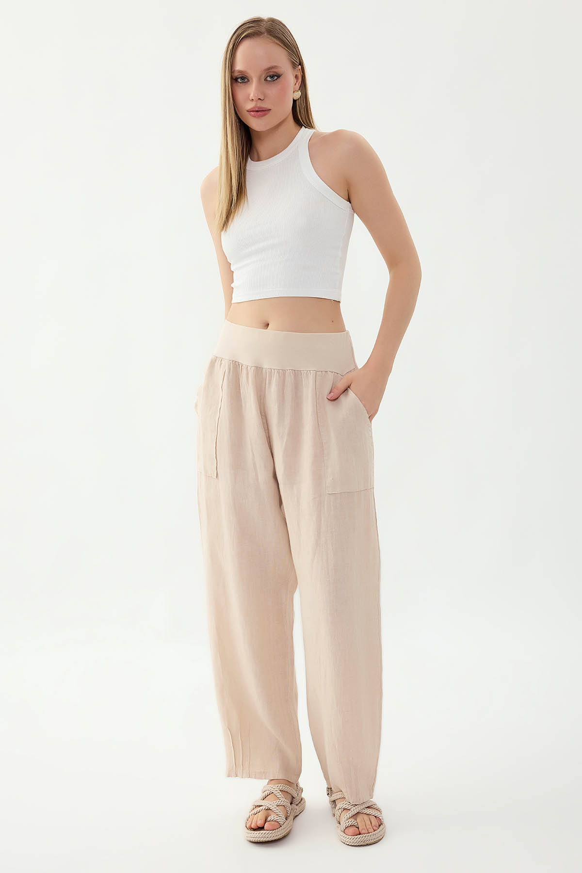 %100 Keten Paçası Pileli Cepli Pantolon - Thumbnail