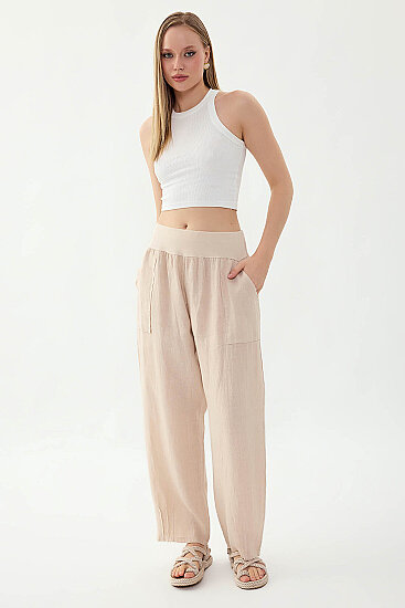 %100 Keten Paçası Pileli Cepli Pantolon - 2