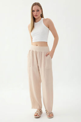 %100 Keten Paçası Pileli Cepli Pantolon (1)