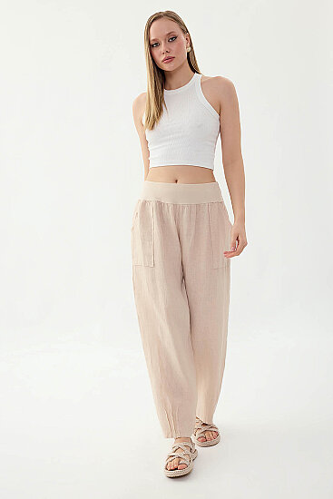 %100 Keten Paçası Pileli Cepli Pantolon - 3