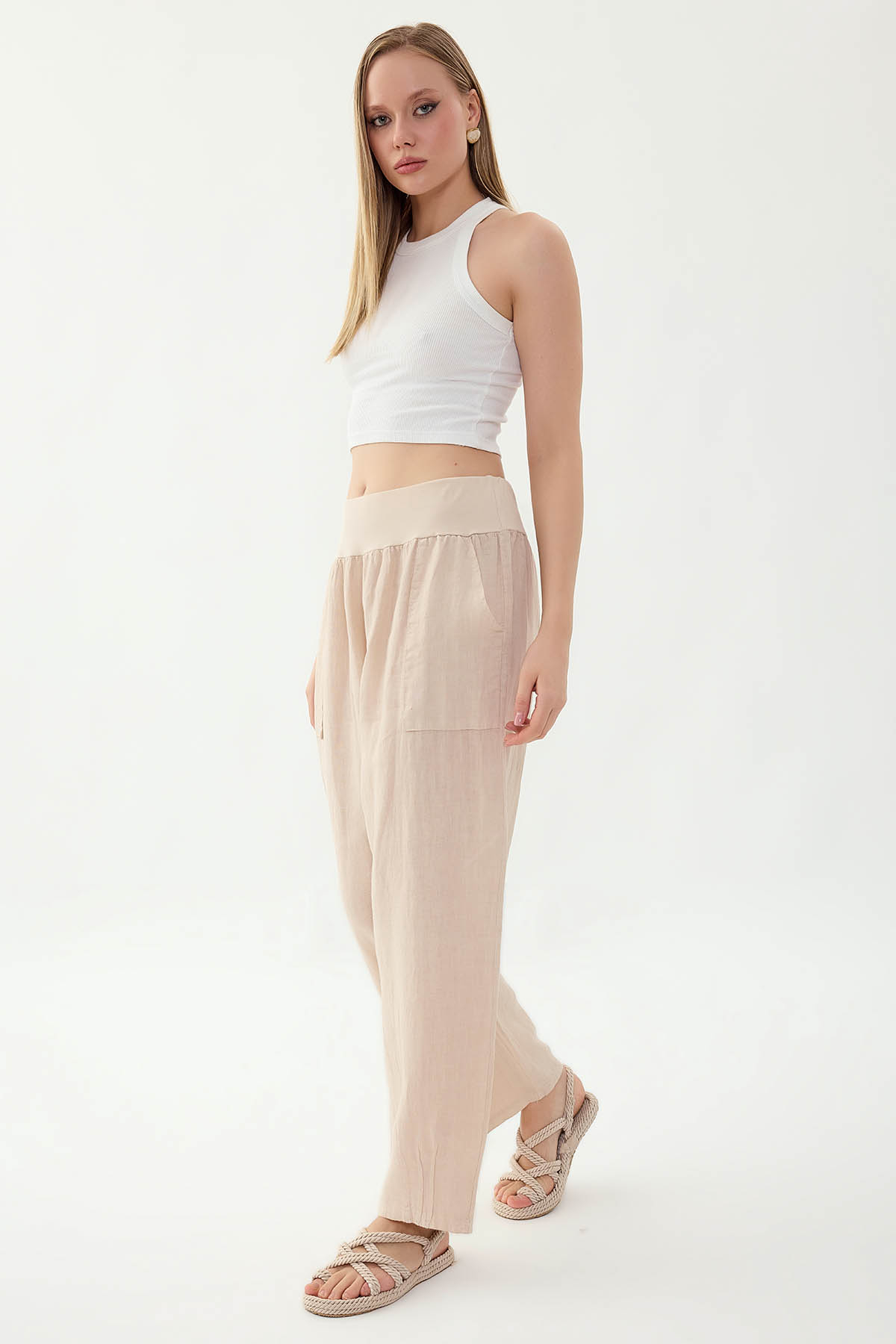 %100 Keten Paçası Pileli Cepli Pantolon - Thumbnail