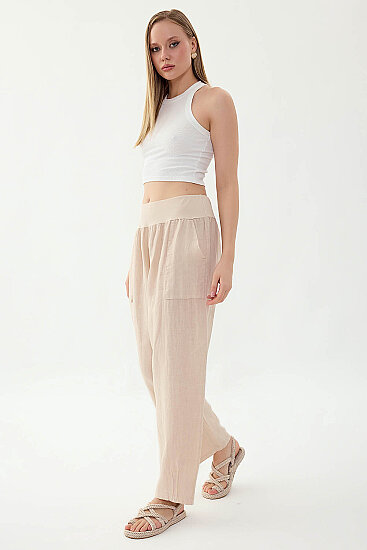 %100 Keten Paçası Pileli Cepli Pantolon - 4