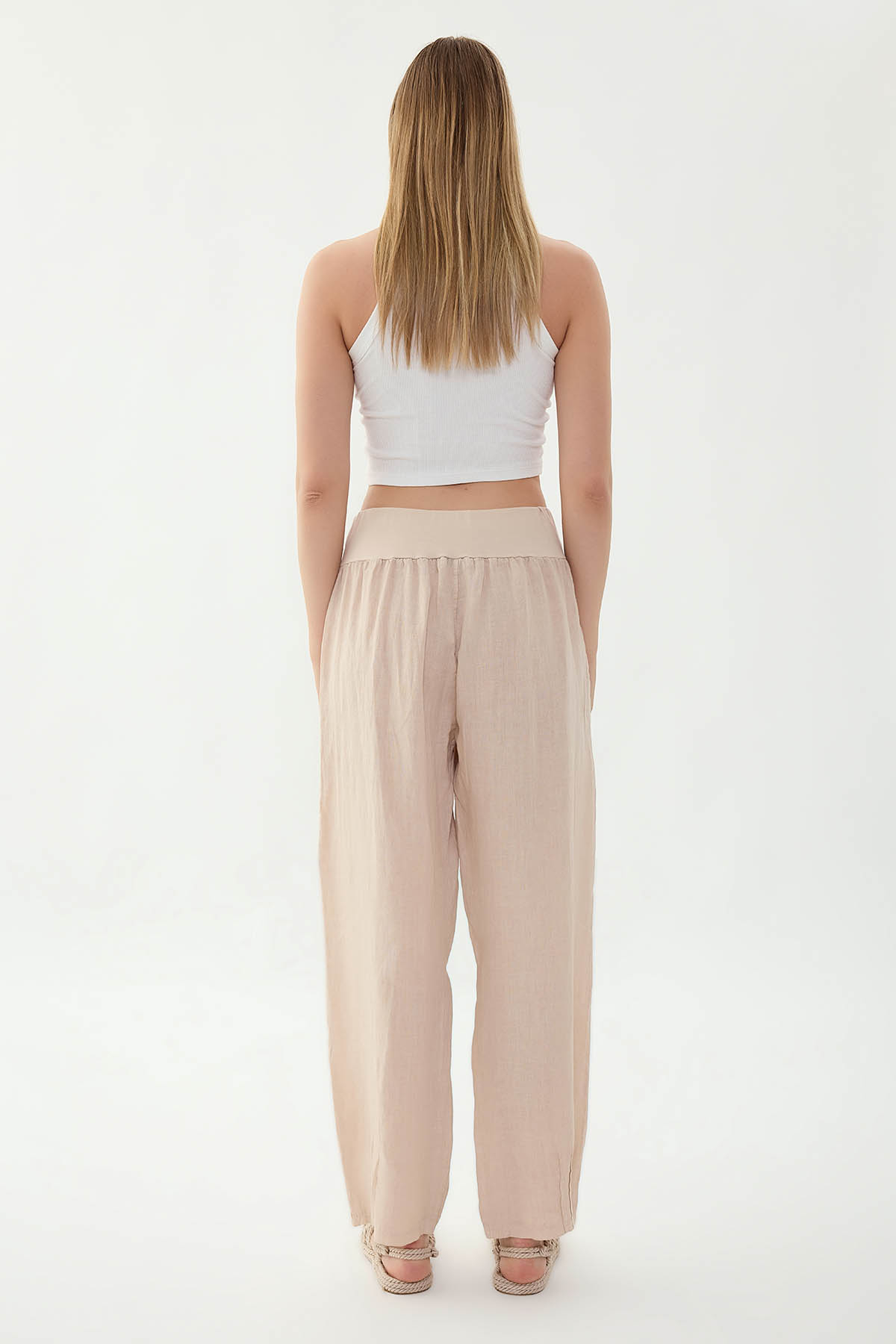 %100 Keten Paçası Pileli Cepli Pantolon - Thumbnail