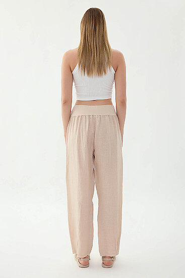 %100 Keten Paçası Pileli Cepli Pantolon - 5