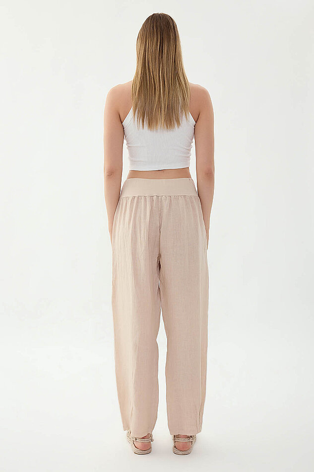 %100 Keten Paçası Pileli Cepli Pantolon - 5