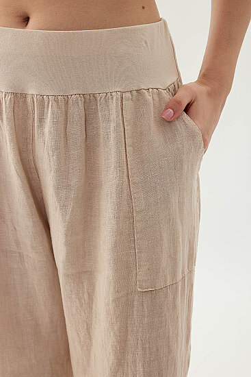 %100 Keten Paçası Pileli Cepli Pantolon - 6