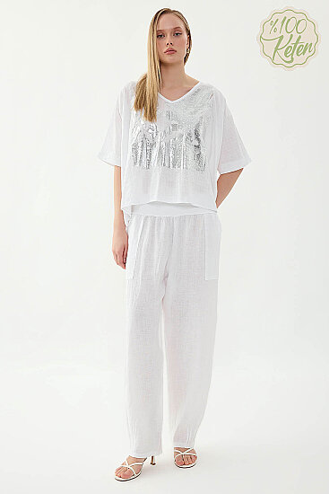 %100 Keten Paçası Pileli Cepli Pantolon - 7