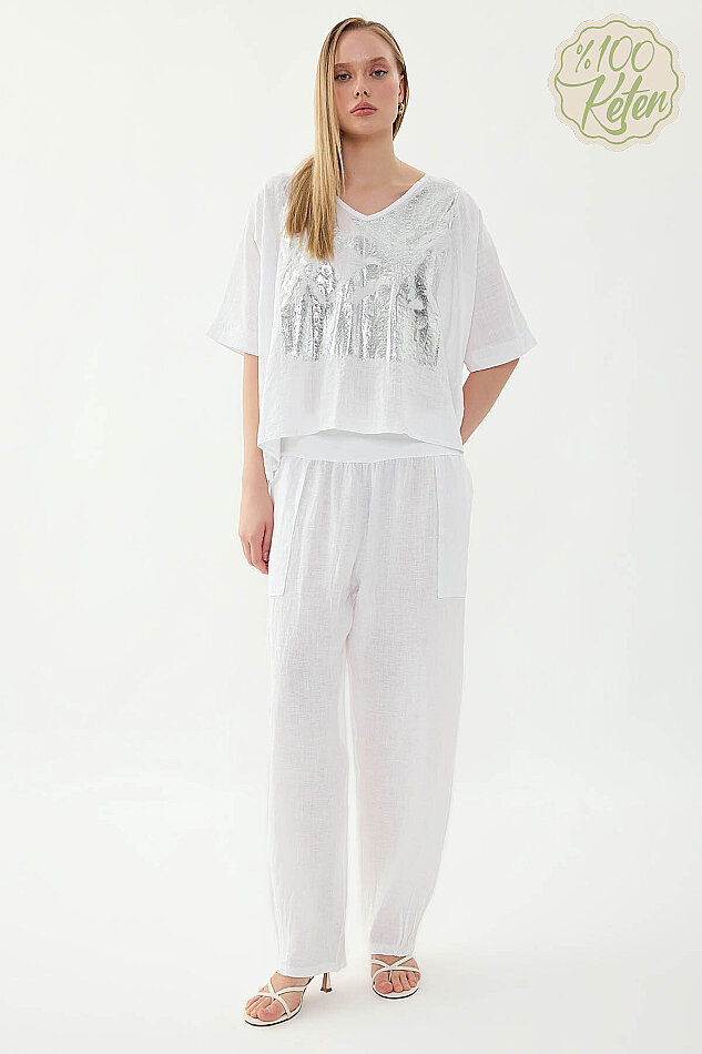 %100 Keten Paçası Pileli Cepli Pantolon - 7