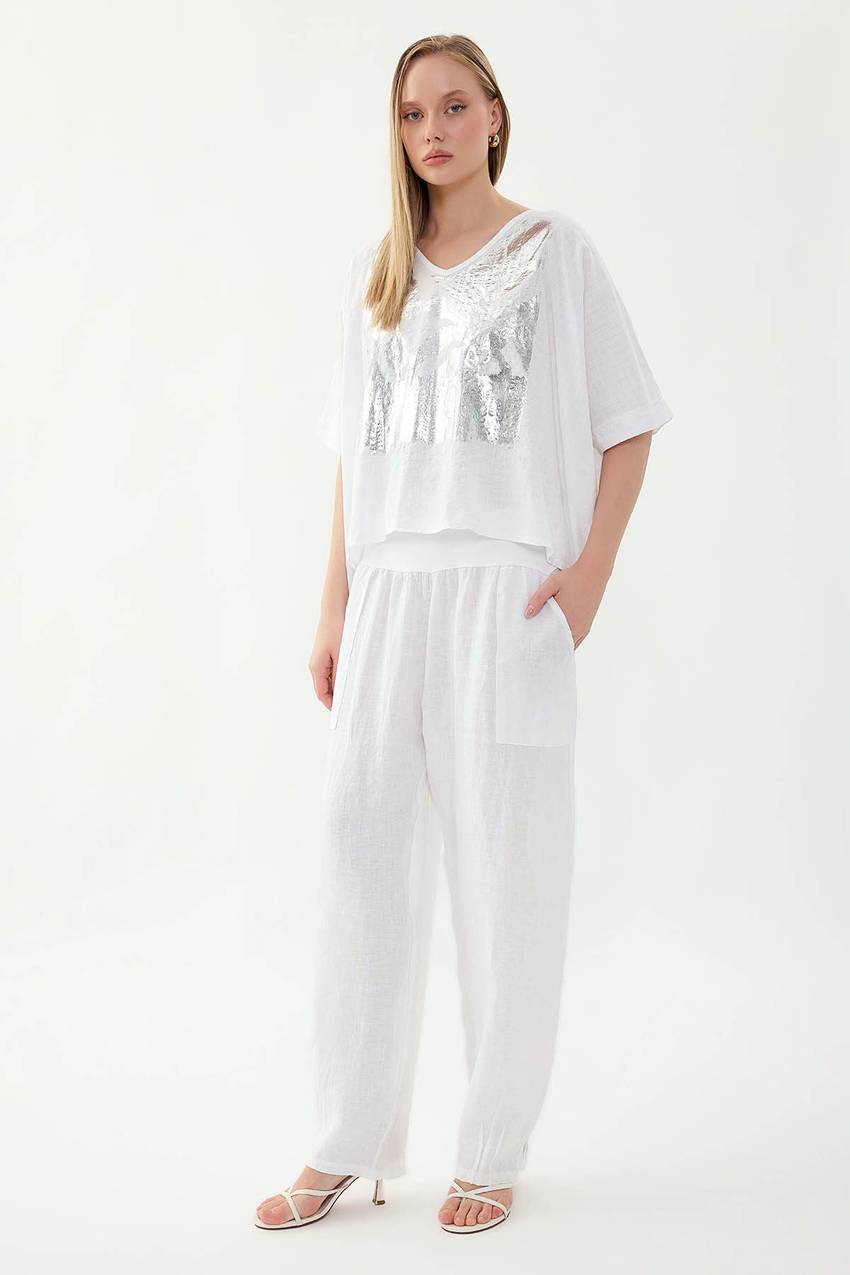 %100 Keten Paçası Pileli Cepli Pantolon - Thumbnail