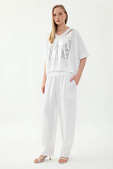 %100 Keten Paçası Pileli Cepli Pantolon - 9