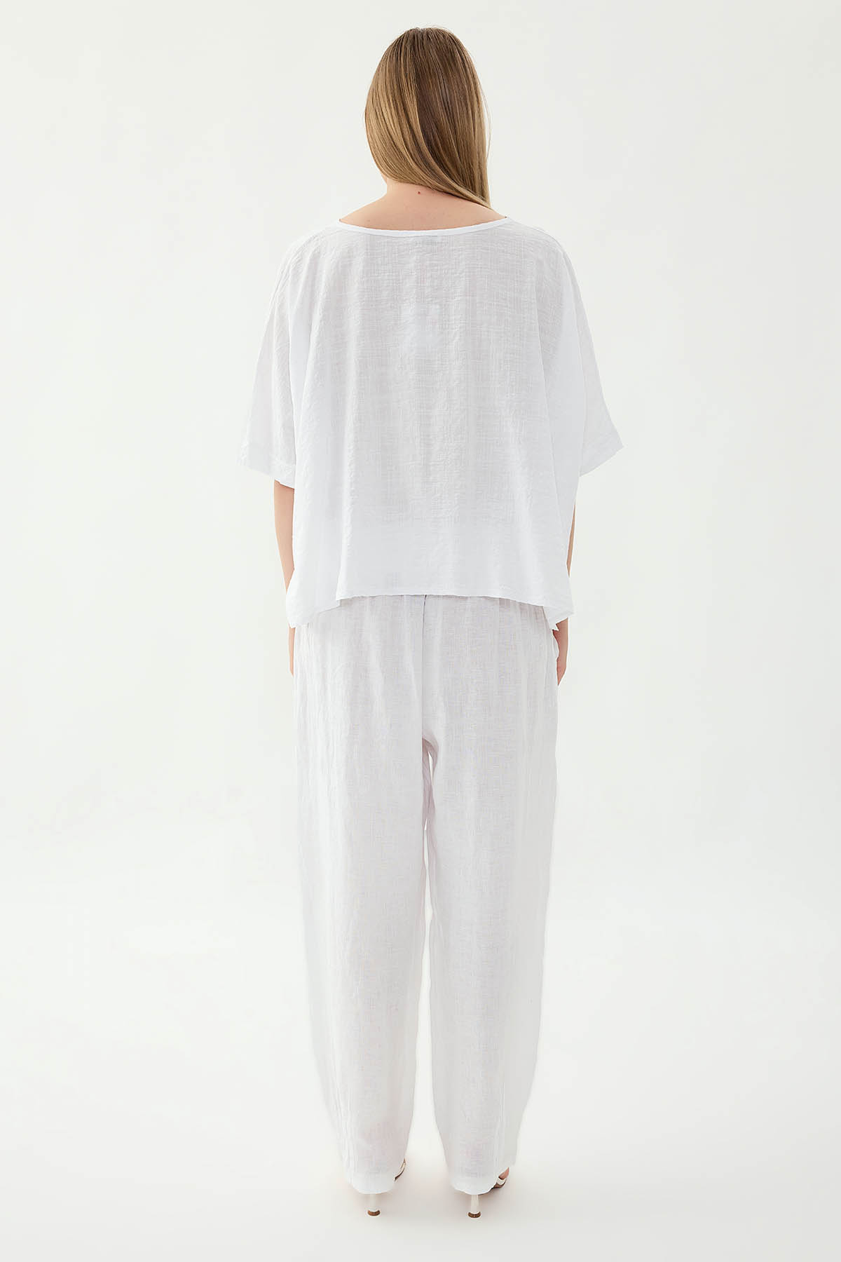 %100 Keten Paçası Pileli Cepli Pantolon - Thumbnail