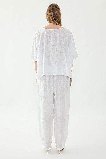 %100 Keten Paçası Pileli Cepli Pantolon - 11