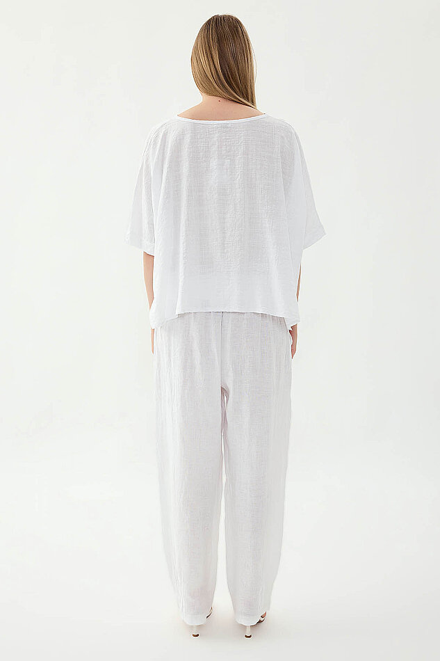 %100 Keten Paçası Pileli Cepli Pantolon - 11