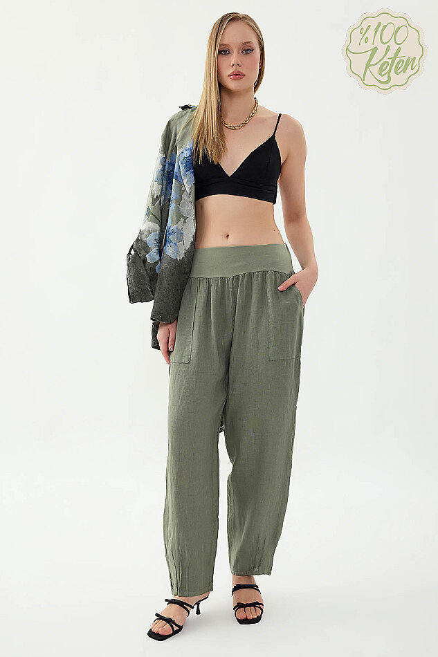 %100 Keten Paçası Pileli Cepli Pantolon - 12