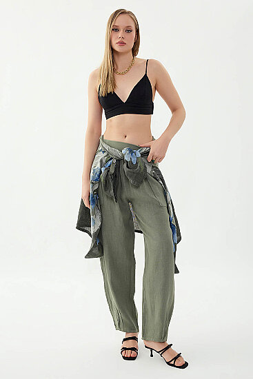 %100 Keten Paçası Pileli Cepli Pantolon - 13