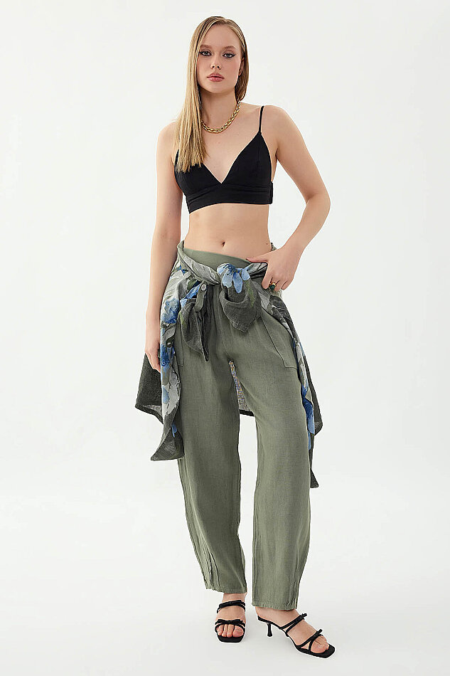 %100 Keten Paçası Pileli Cepli Pantolon - 13