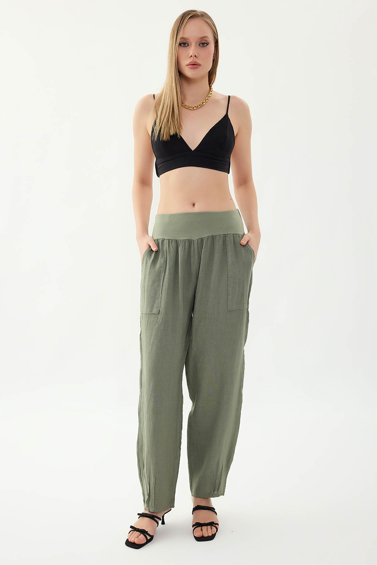 %100 Keten Paçası Pileli Cepli Pantolon - Thumbnail