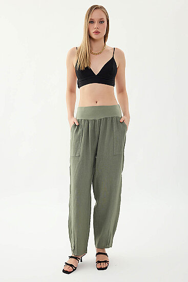 %100 Keten Paçası Pileli Cepli Pantolon - 14