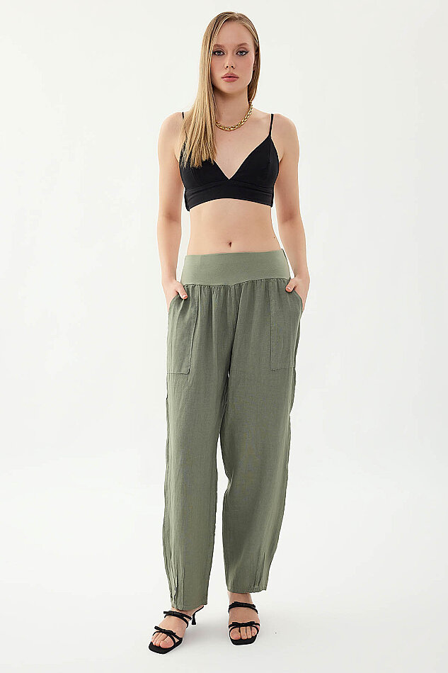 %100 Keten Paçası Pileli Cepli Pantolon - 14