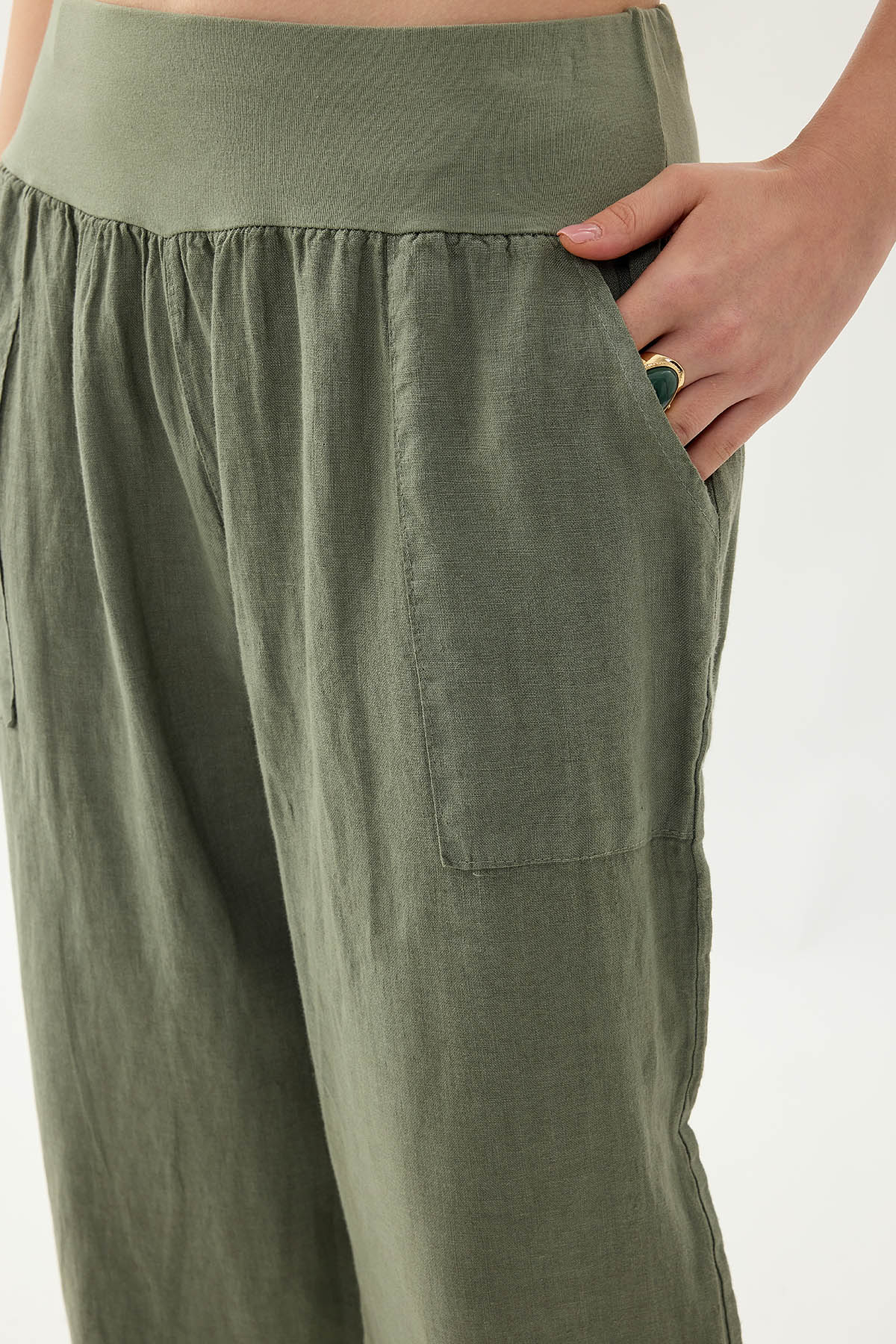 %100 Keten Paçası Pileli Cepli Pantolon - Thumbnail