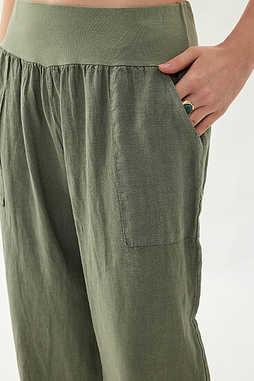 %100 Keten Paçası Pileli Cepli Pantolon - 17