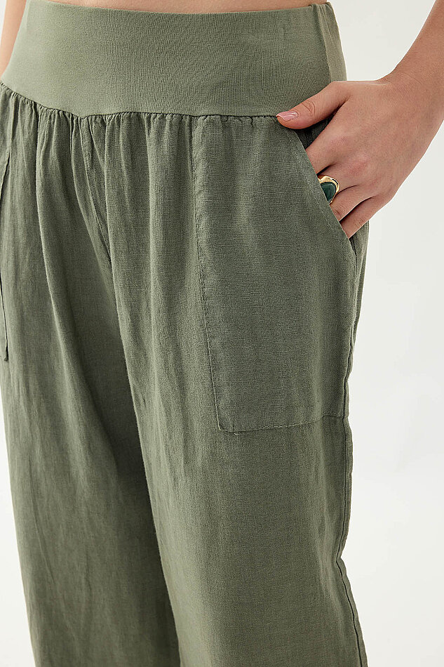 %100 Keten Paçası Pileli Cepli Pantolon - 17