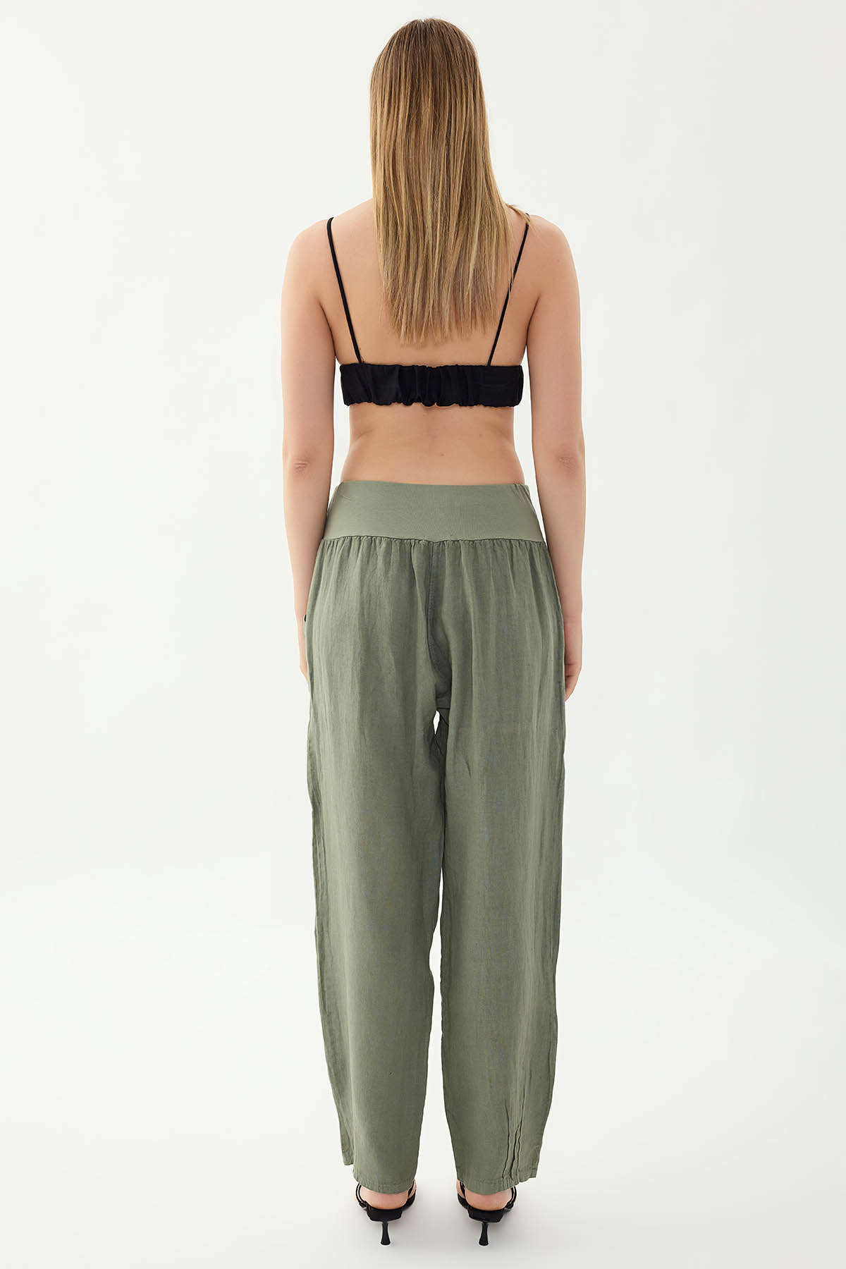 %100 Keten Paçası Pileli Cepli Pantolon - Thumbnail