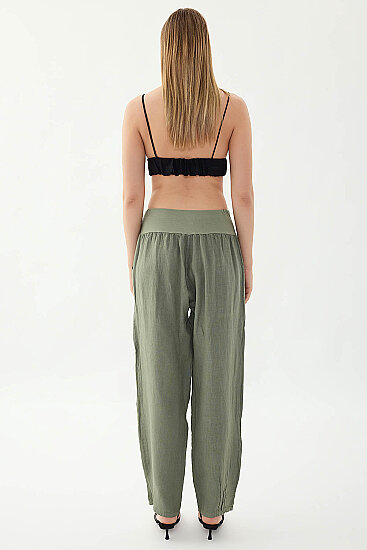 %100 Keten Paçası Pileli Cepli Pantolon - 16