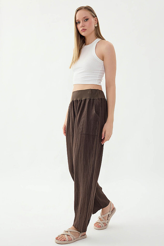 %100 Keten Paçası Pileli Cepli Pantolon - 20