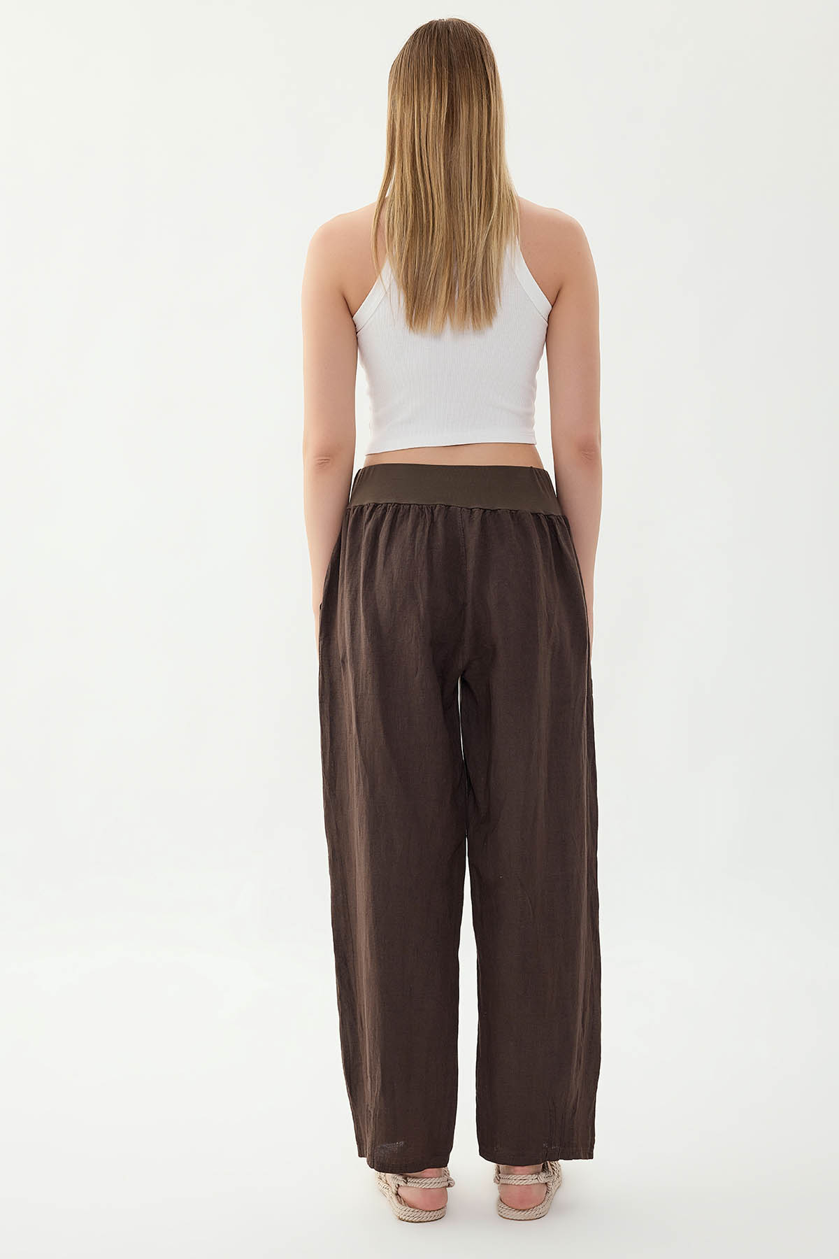 %100 Keten Paçası Pileli Cepli Pantolon - Thumbnail