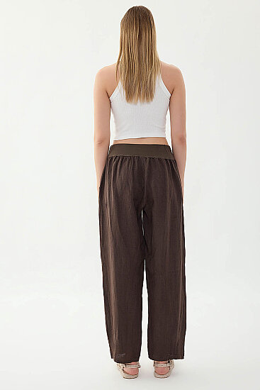 %100 Keten Paçası Pileli Cepli Pantolon - 21