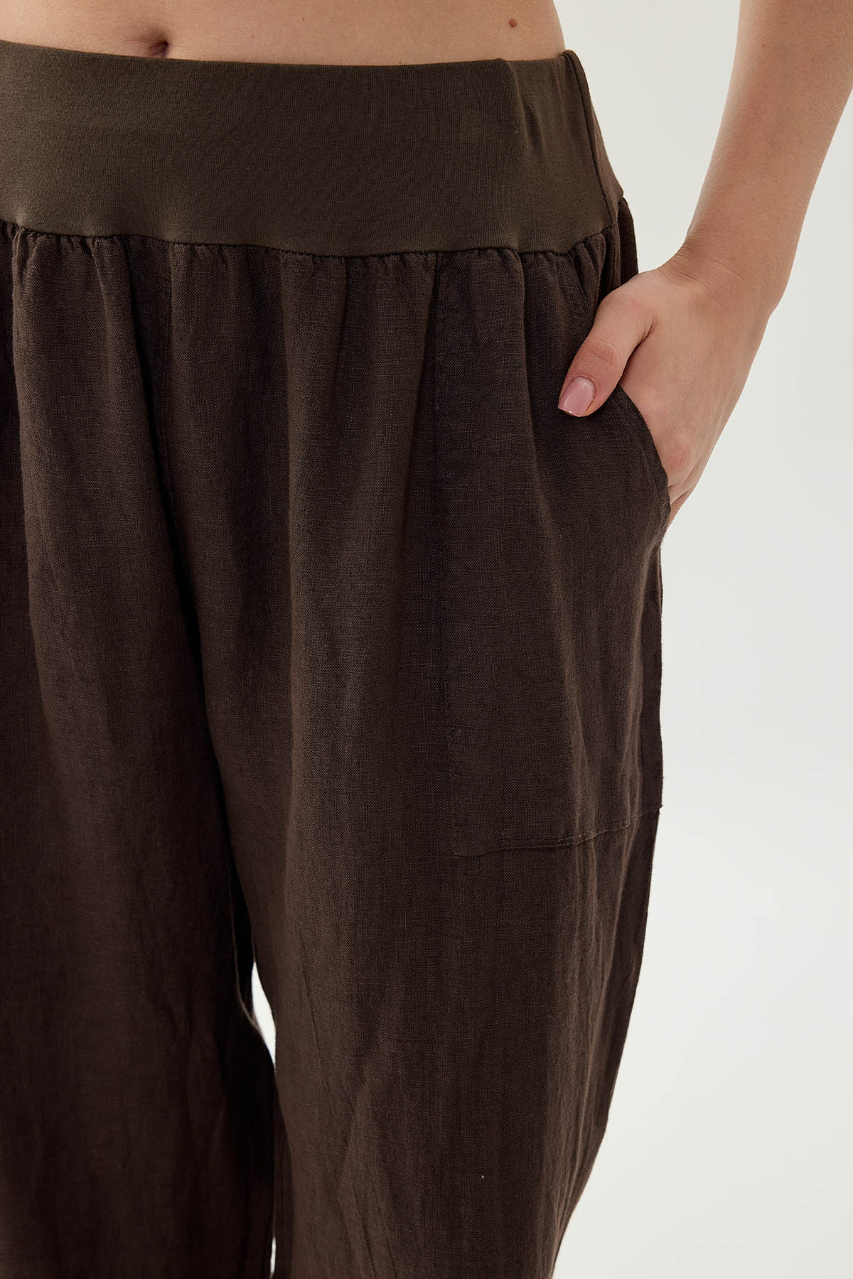 %100 Keten Paçası Pileli Cepli Pantolon - Thumbnail