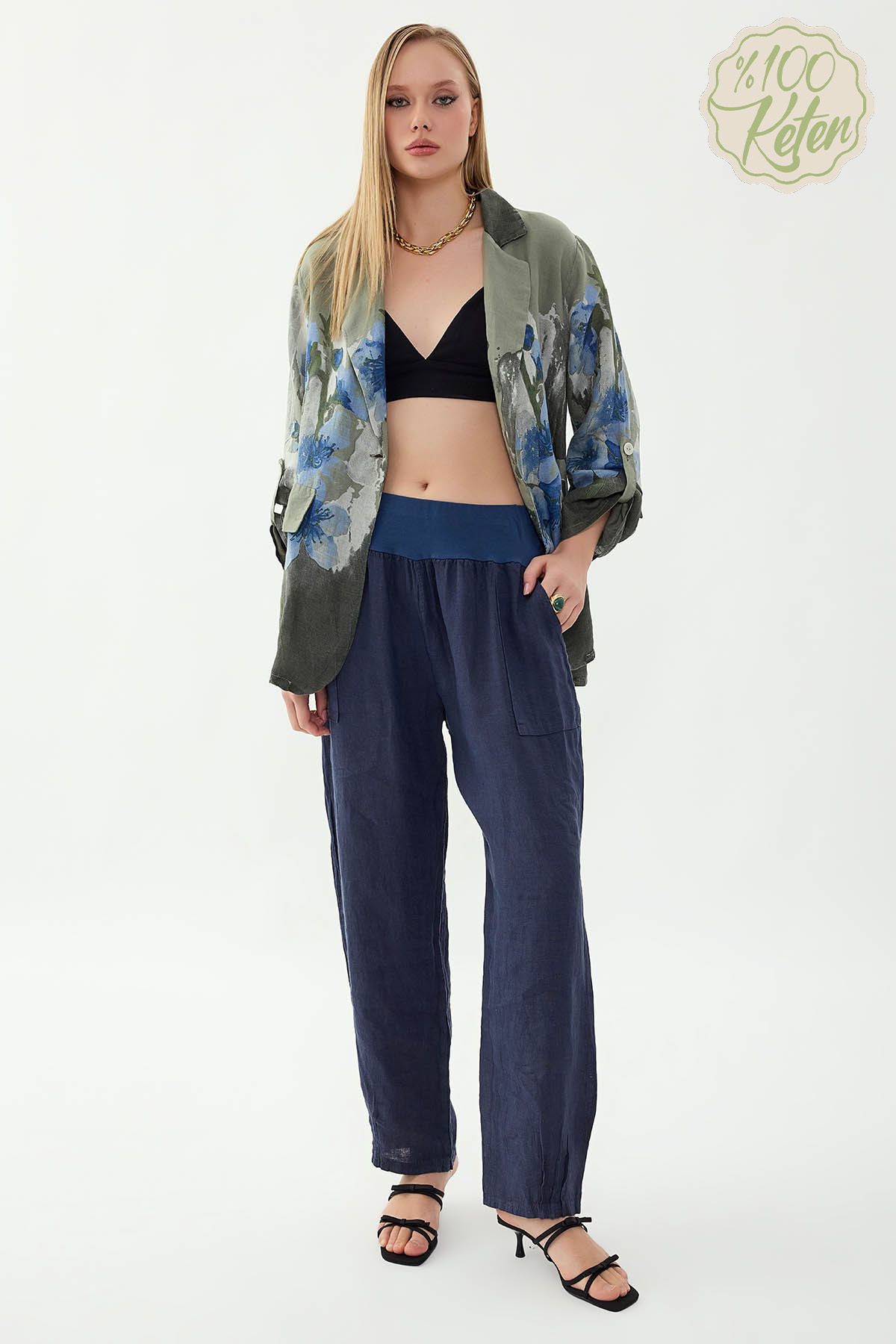 %100 Keten Paçası Pileli Cepli Pantolon - Thumbnail