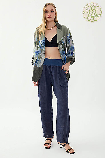 %100 Keten Paçası Pileli Cepli Pantolon - 23