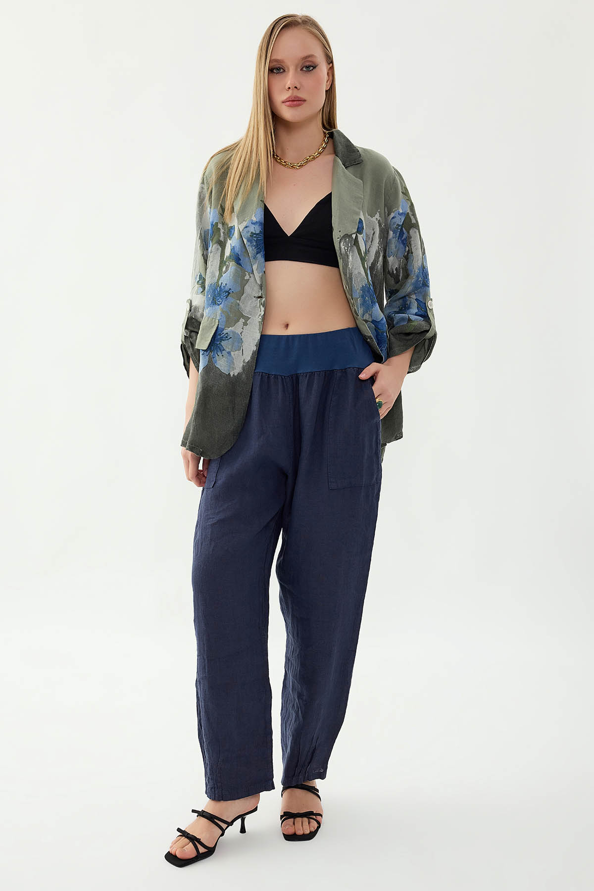 %100 Keten Paçası Pileli Cepli Pantolon - Thumbnail