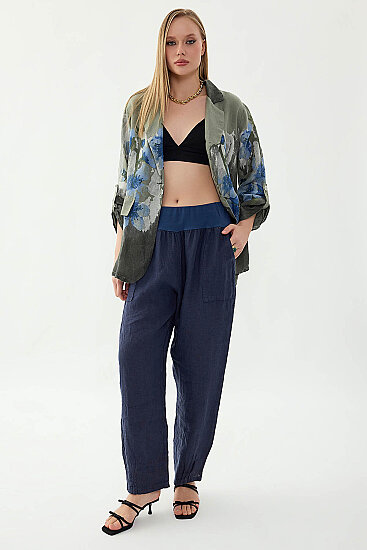 %100 Keten Paçası Pileli Cepli Pantolon - 24