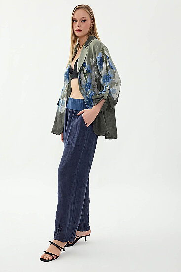 %100 Keten Paçası Pileli Cepli Pantolon - 25