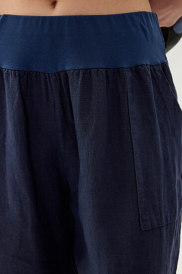 %100 Keten Paçası Pileli Cepli Pantolon - 26