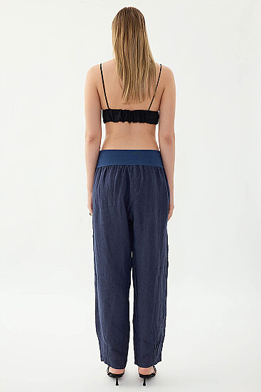 %100 Keten Paçası Pileli Cepli Pantolon - 27