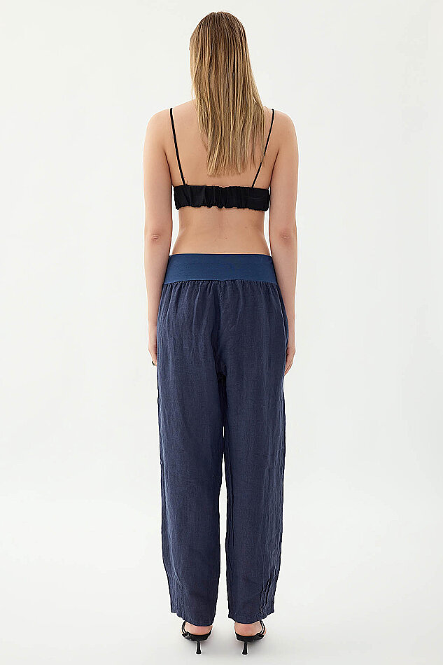 %100 Keten Paçası Pileli Cepli Pantolon - 27